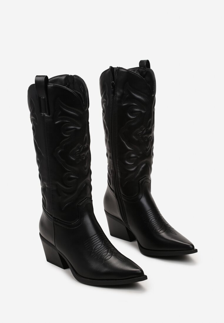 Czarne Kozaki Kowbojki na Stożku z Przeszyciami Ganavou