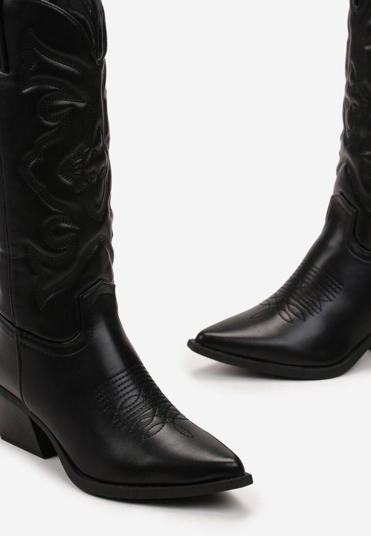 Czarne Kozaki Kowbojki na Stożku z Przeszyciami Ganavou