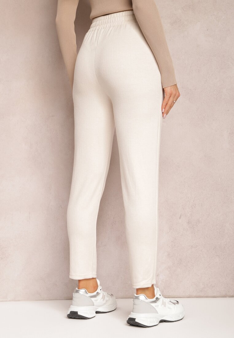 Pantaloni bej deschis High Waist din lână cu elastic și șnur în talie Ishildame