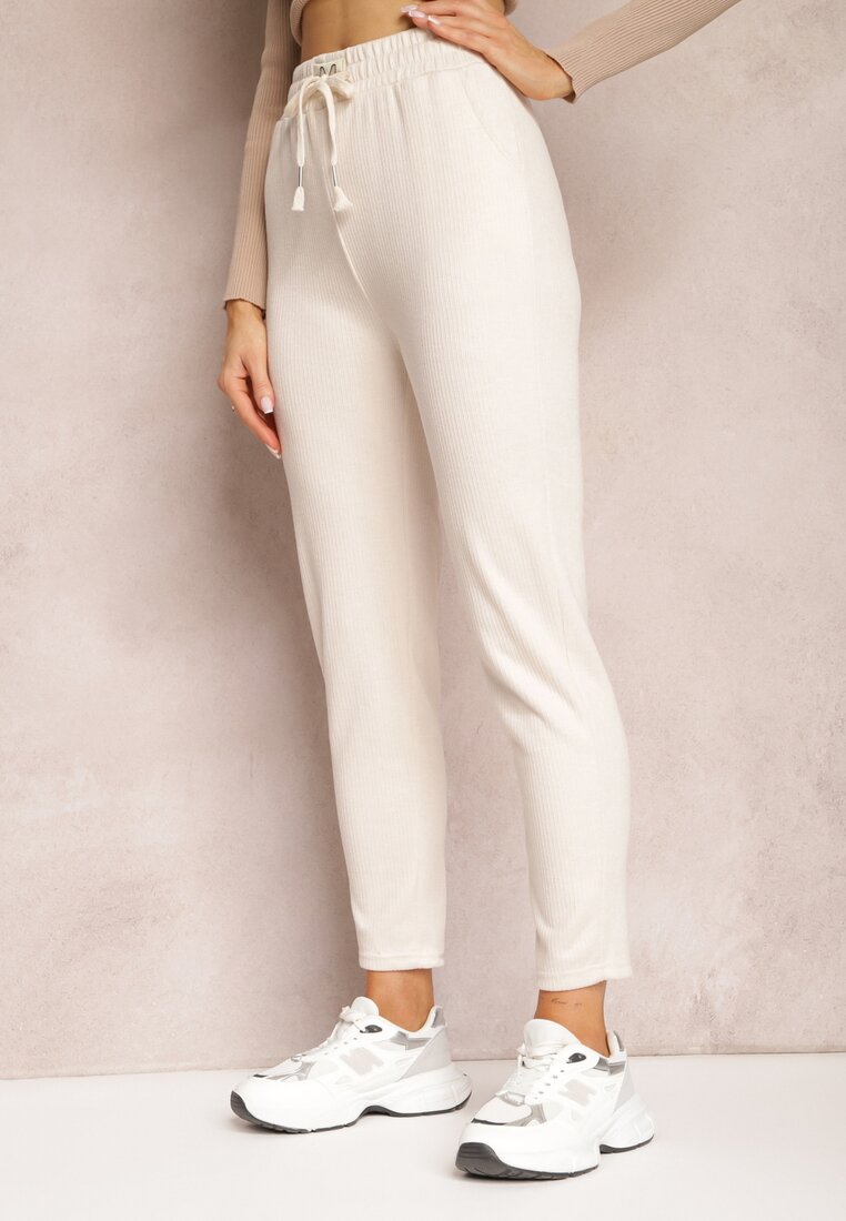 Pantaloni bej deschis High Waist din lână cu elastic și șnur în talie Ishildame