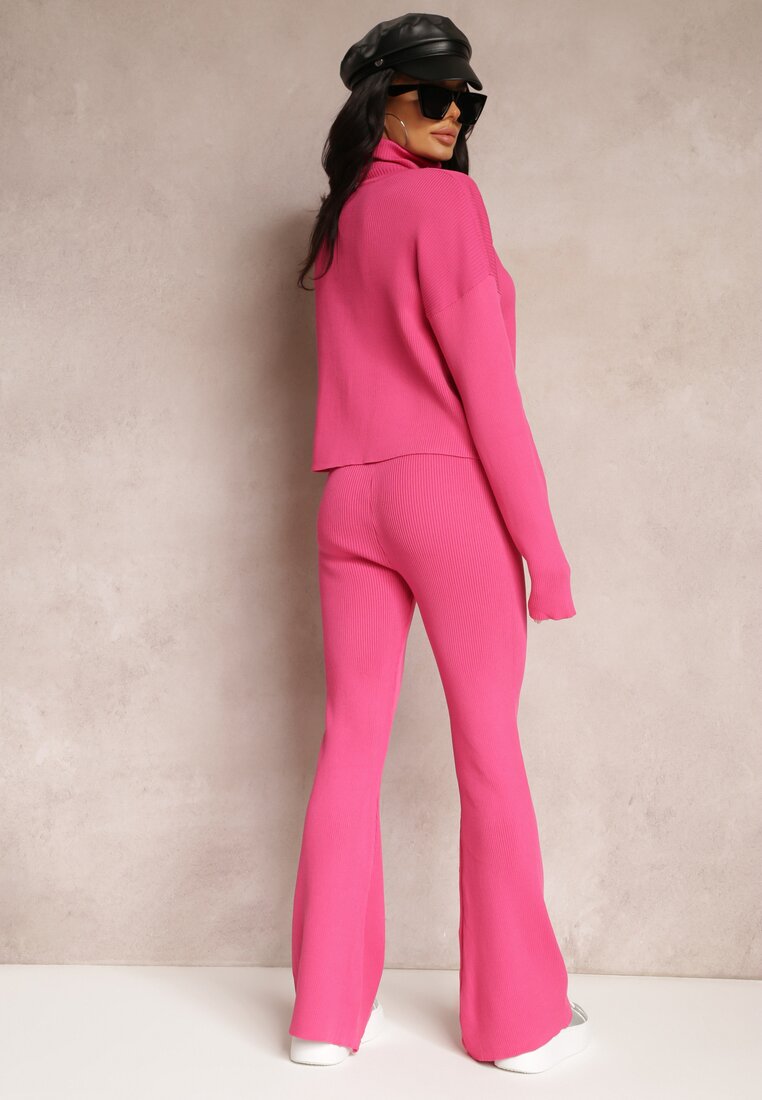 Fuksjowy Wiskozowy Komplet Sweter z Golfem i Spodnie z Prostymi Nogawkami i Gumką w Pasie Geddora