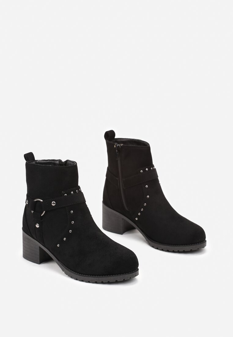 Botine negre cu toc gros și curele decorative Seuaia