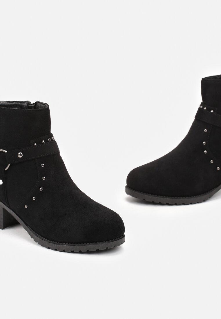 Botine negre cu toc gros și curele decorative Seuaia
