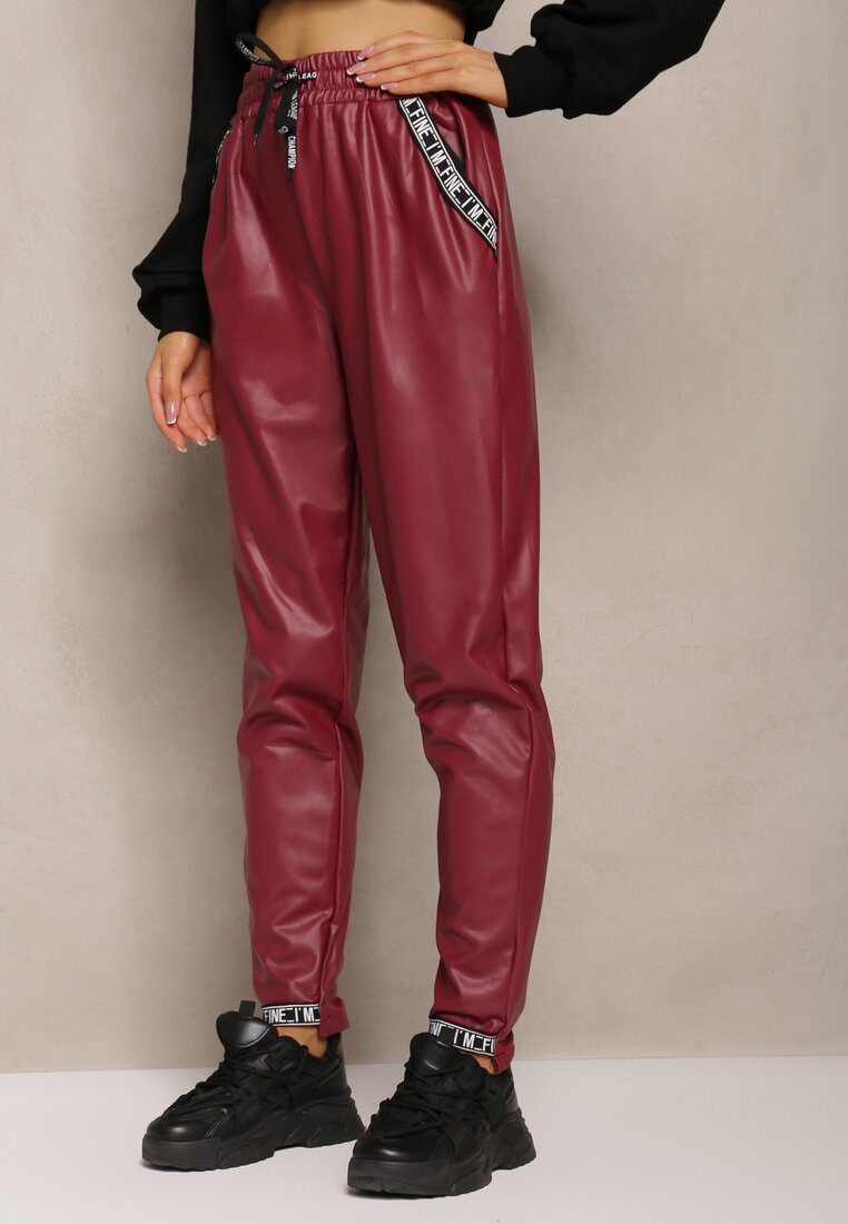 Bordowe Spodnie z Imitacji Skóry z Gumką w Talii Kadni