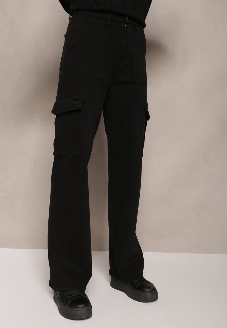 Czarne Szerokie Jeansy z Bawełny High Waist w Stylu Bojówek Niaroa
