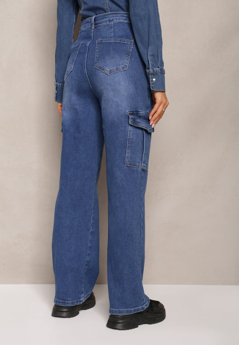 Niebieskie Szerokie Jeansy High Waist z Kieszeniami Cargo Megha