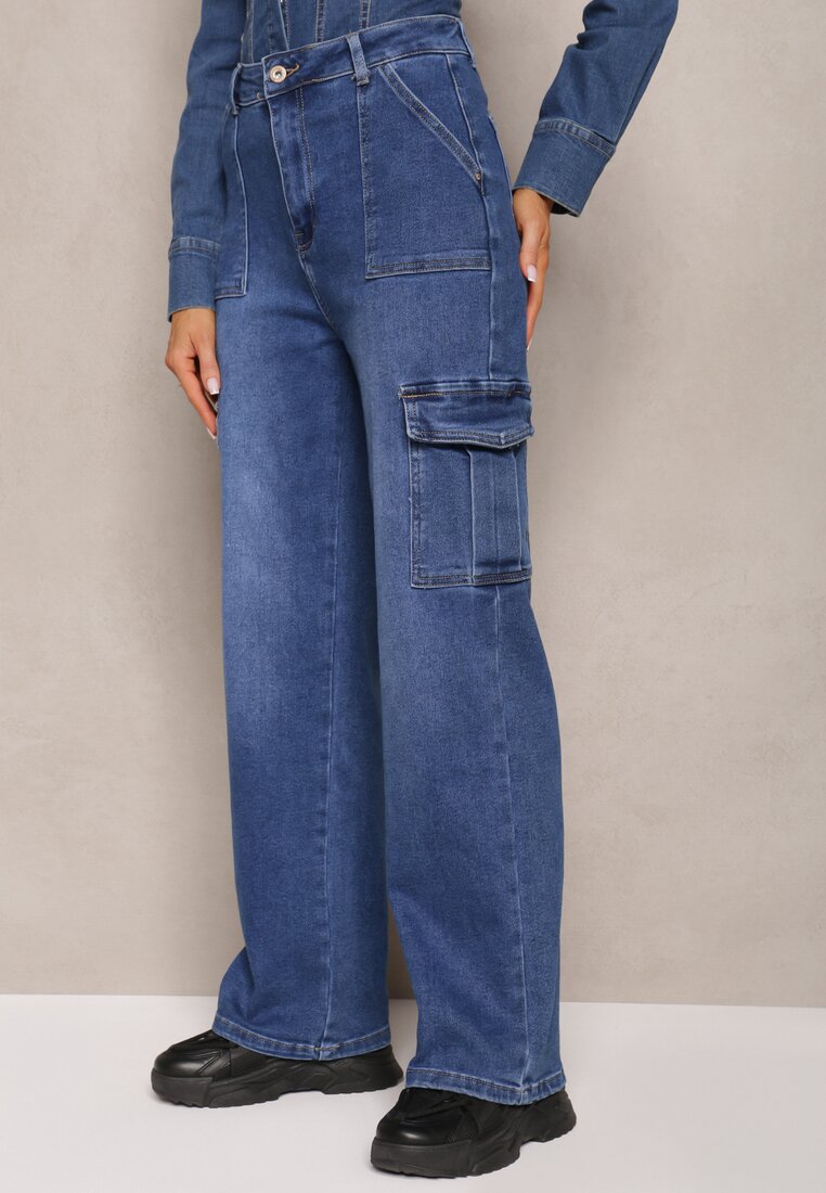 Niebieskie Szerokie Jeansy High Waist z Kieszeniami Cargo Megha