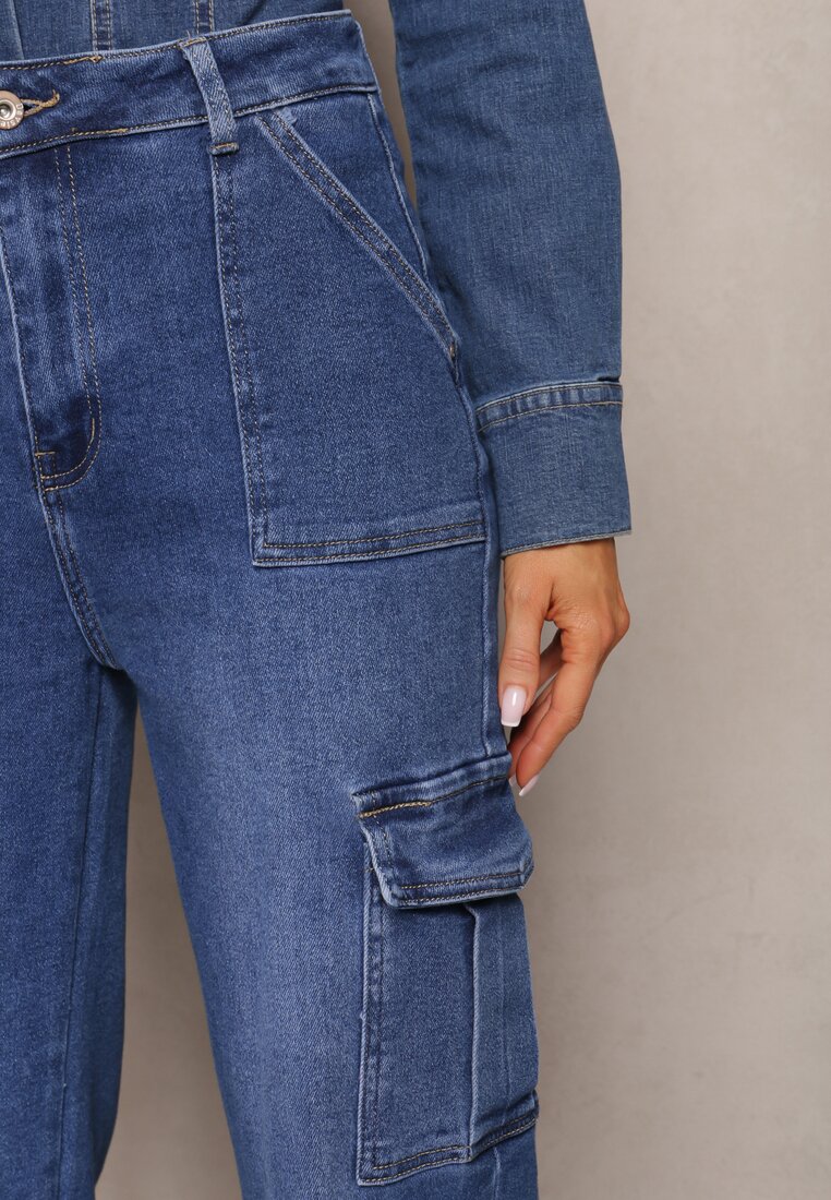 Niebieskie Szerokie Jeansy High Waist z Kieszeniami Cargo Megha