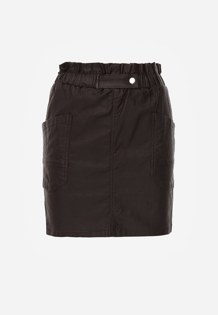 Ciemnobrązowa Dopasowana Spódnica Mini z Imitacji Skóry z Gumką w Talii i Kieszeniami Anishree