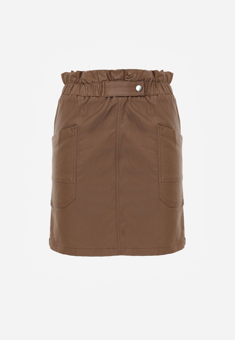 Brązowa Dopasowana Spódnica Mini z Imitacji Skóry z Gumką w Talii i Kieszeniami Anishree