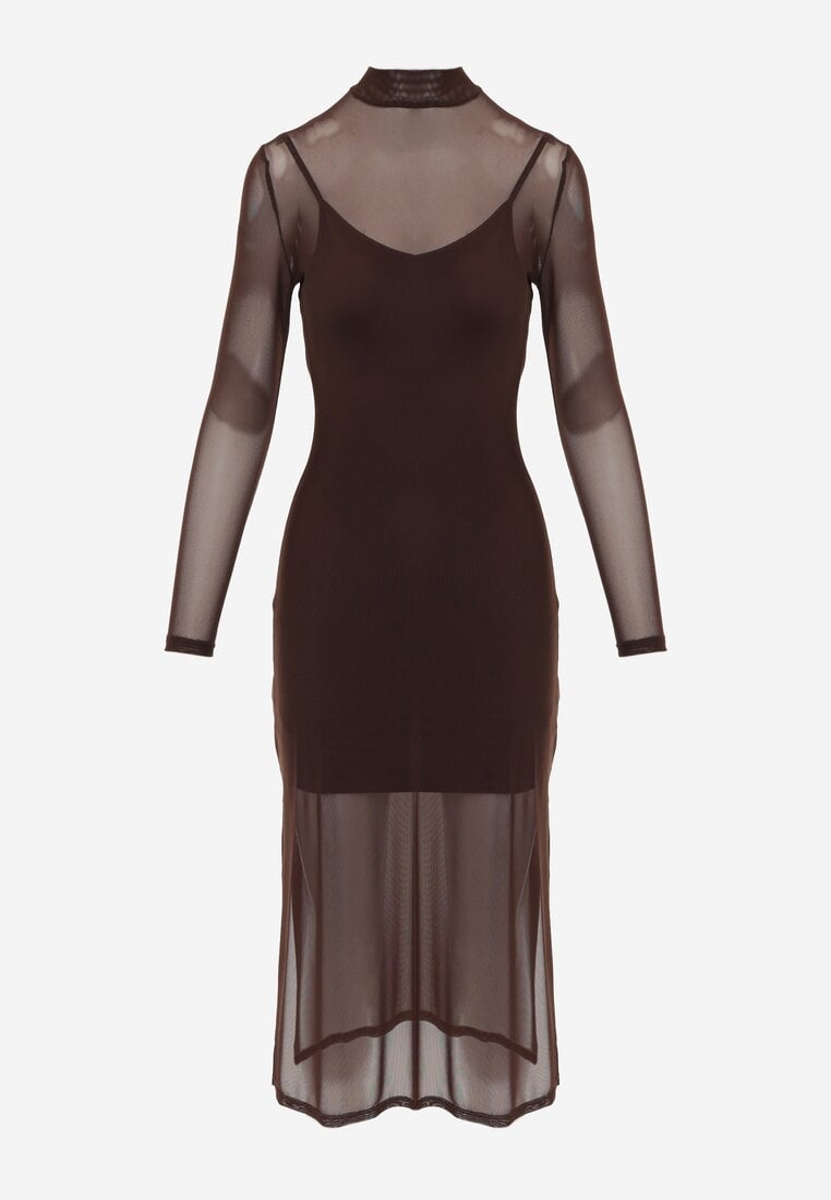 Rochie Midi Tricotată Maro Translucidă cu Bavina Slip