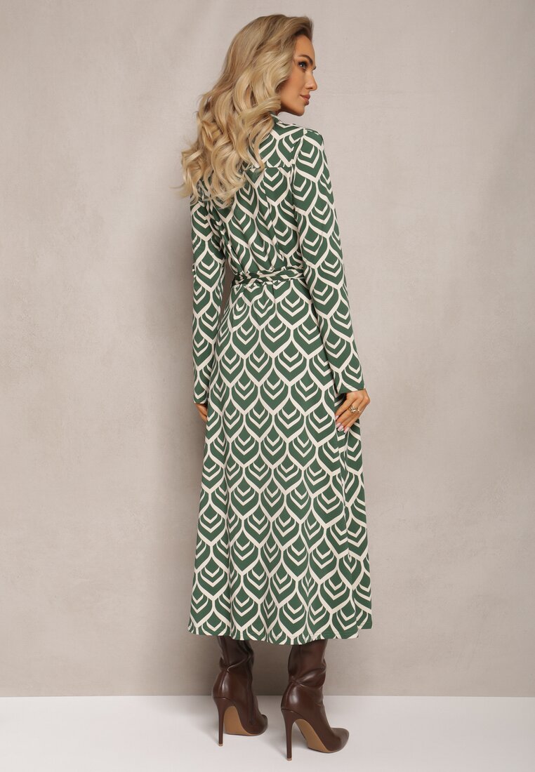 Zielona Koszulowa Sukienka Maxi w Geometryczny Wzór Suvve