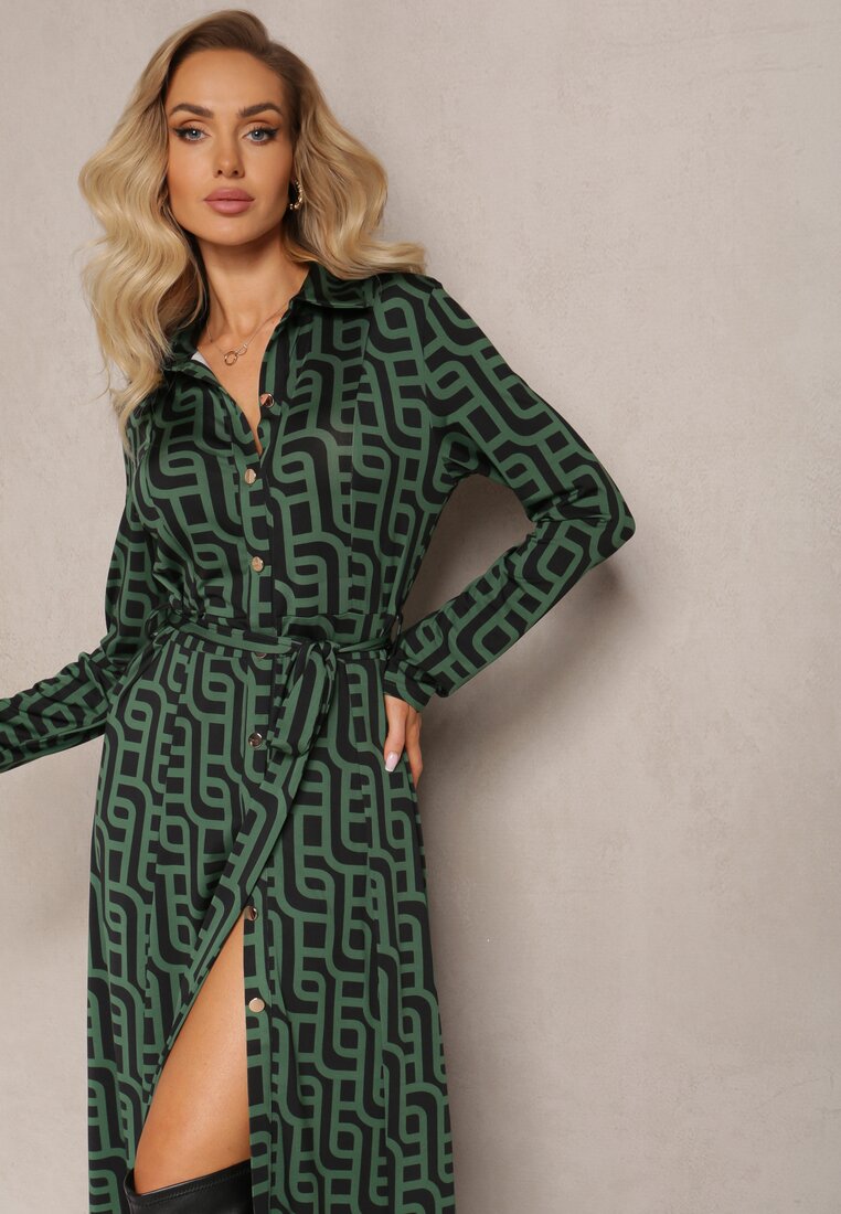 Zielona Koszulowa Sukienka Maxi w Geometryczny Print Gelismi