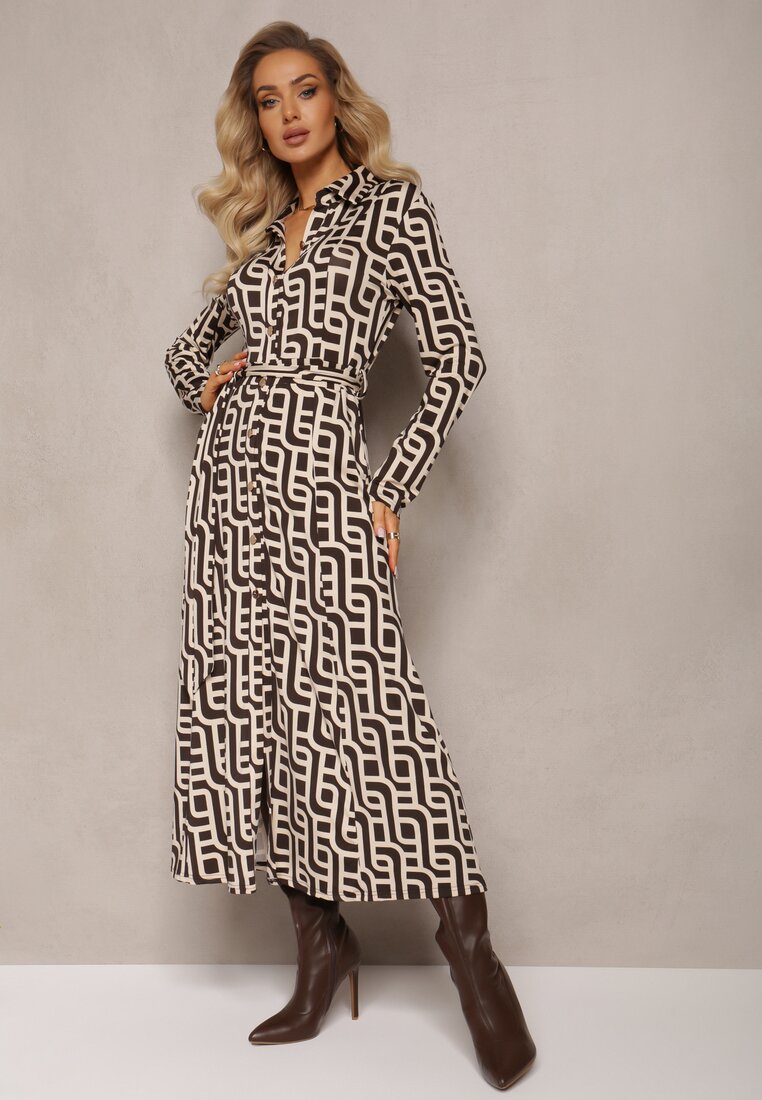 Brązowa Koszulowa Sukienka Maxi w Geometryczny Print Gelismi