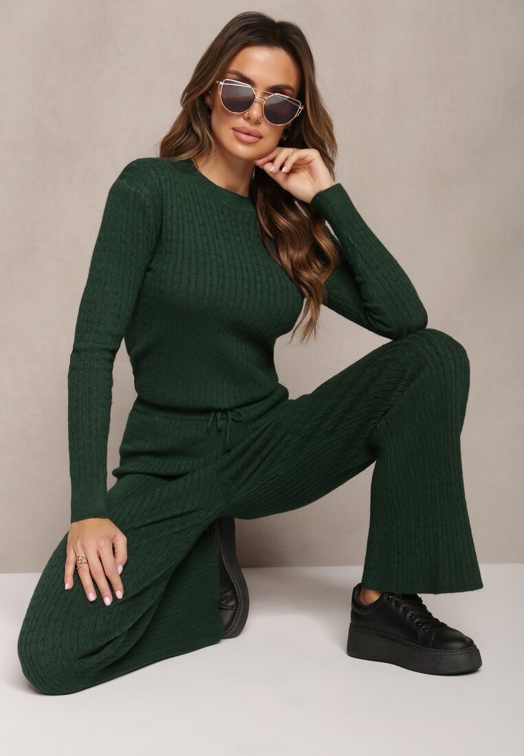 Set Verde Închis Două Piese Tricot Coaste Pantaloni Largi și Pulover Clasic Agecca