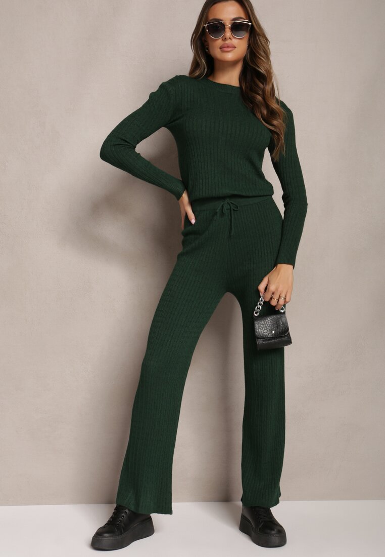 Set Verde Închis Două Piese Tricot Coaste Pantaloni Largi și Pulover Clasic Agecca