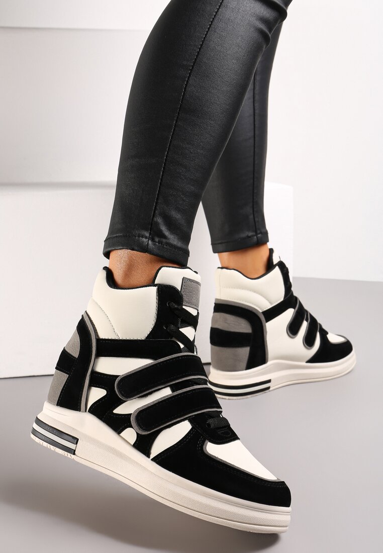 Sneakers Negru și Alb pe Platformă Ascunsă Închidere cu Arici și Șireturi cu Inserții Decorative din Piele Întoarsă