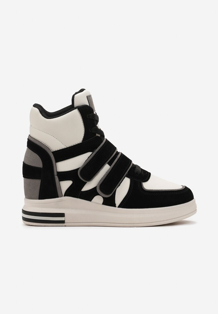 Sneakers Negru și Alb pe Platformă Ascunsă Închidere cu Arici și Șireturi cu Inserții Decorative din Piele Întoarsă