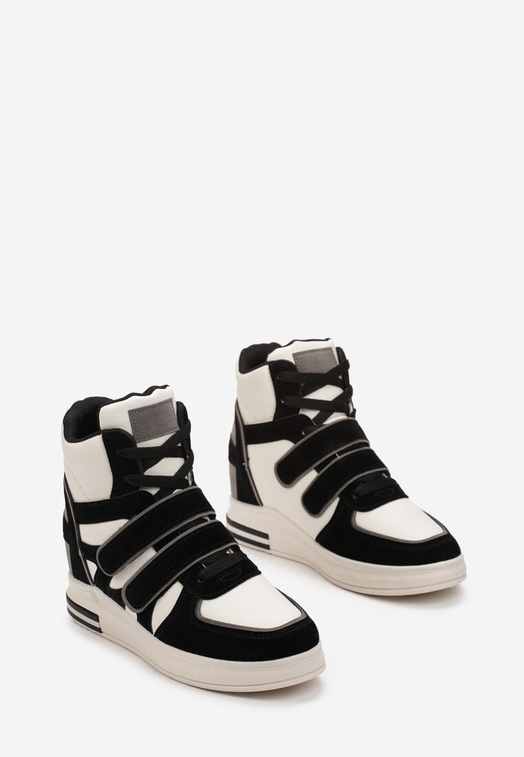 Sneakers Negru și Alb pe Platformă Ascunsă Închidere cu Arici și Șireturi cu Inserții Decorative din Piele Întoarsă