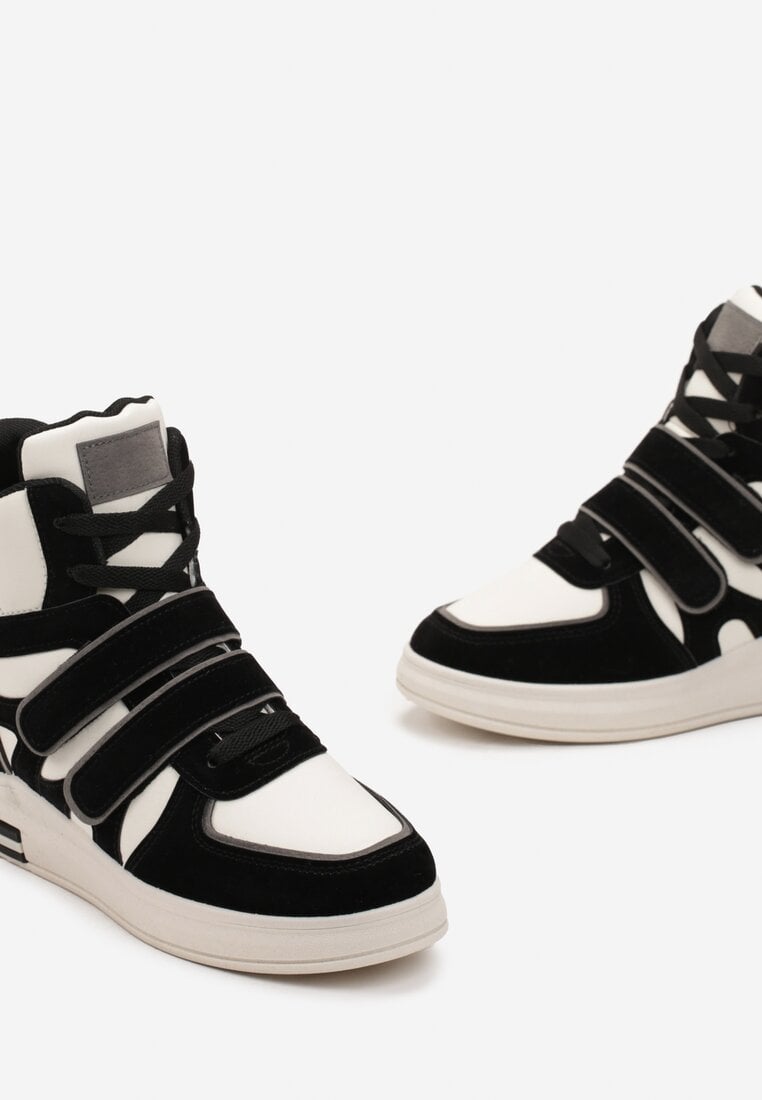 Sneakers Negru și Alb pe Platformă Ascunsă Închidere cu Arici și Șireturi cu Inserții Decorative din Piele Întoarsă