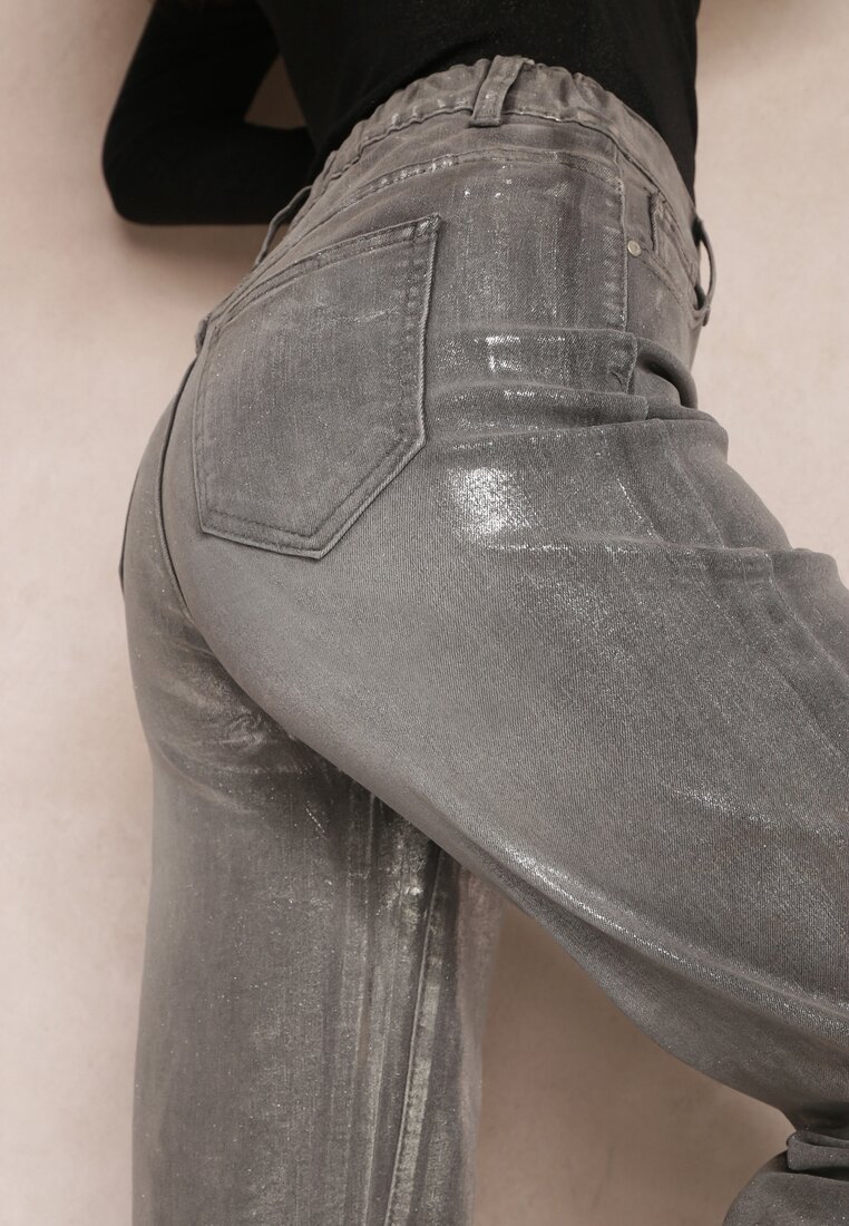 Szare Bawełniane Spodnie z Metalicznym Połyskiem z Szerokimi Nogawkami i Przetarciami Halewani