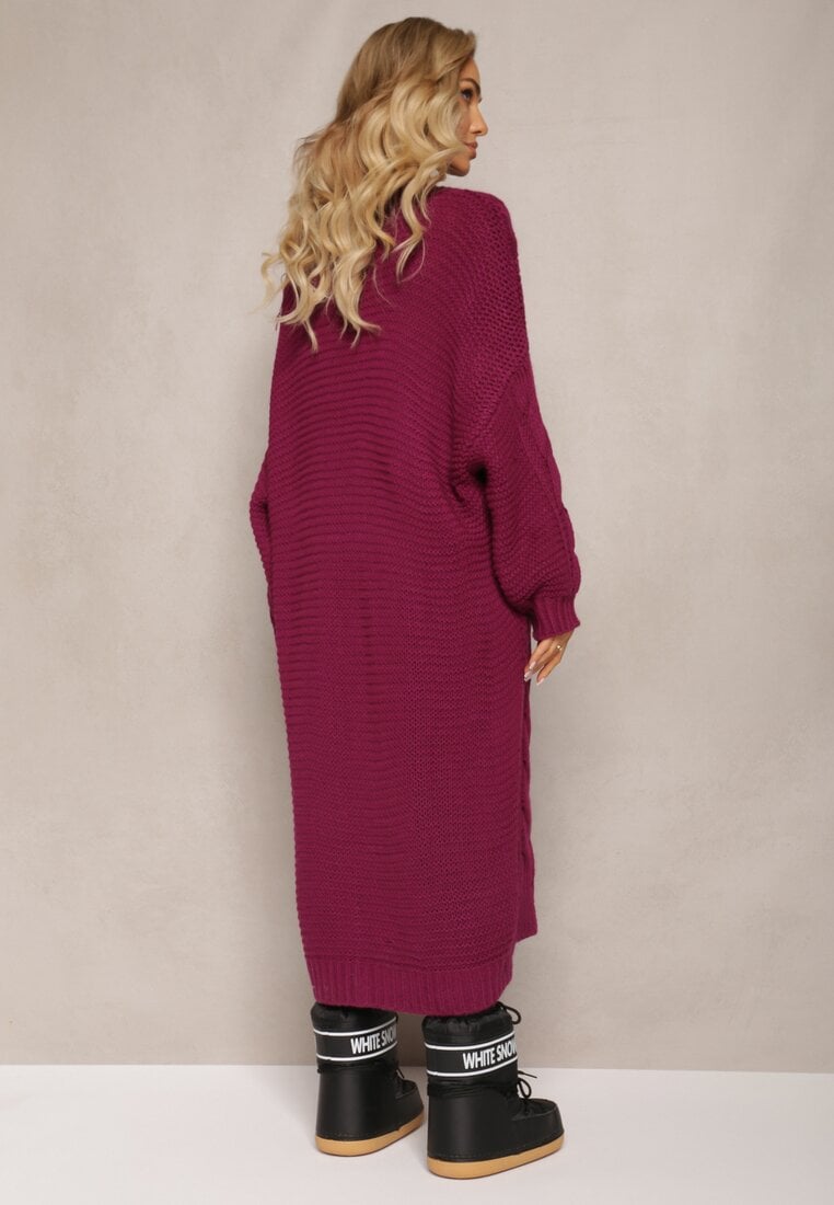 Cardigan Lung Violet Închis cu Împletitură Largă Decorativă Havsana