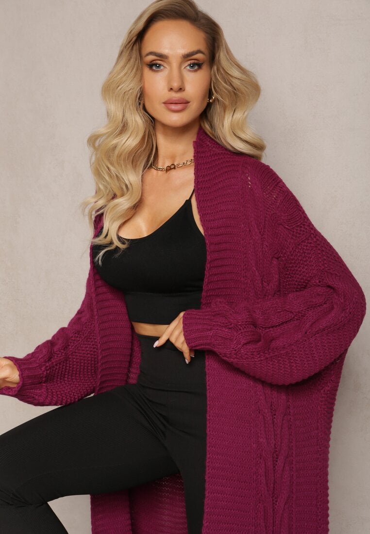 Cardigan Lung Violet Închis cu Împletitură Largă Decorativă Havsana