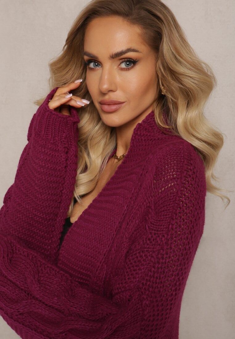 Cardigan Lung Violet Închis cu Împletitură Largă Decorativă Havsana