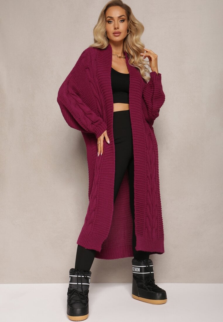 Cardigan Lung Violet Închis cu Împletitură Largă Decorativă Havsana