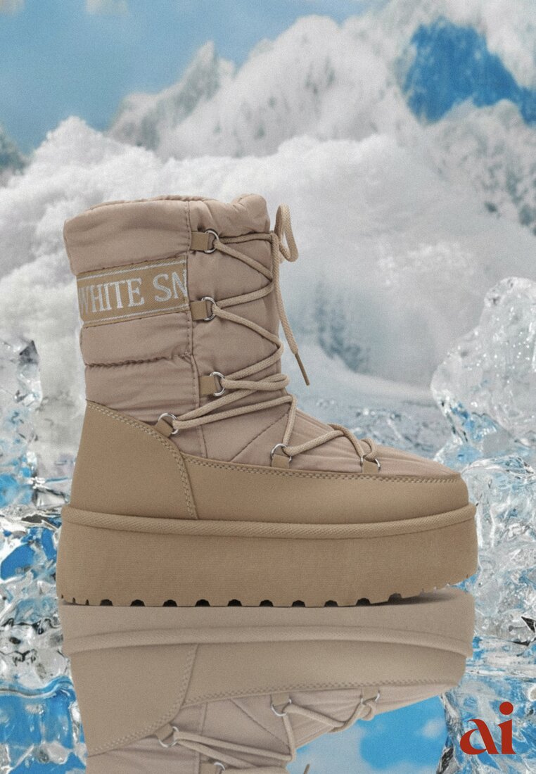 Ciemnobeżowe Śniegowce na Platformie z Ozdobnym Wiązaniem Zingie