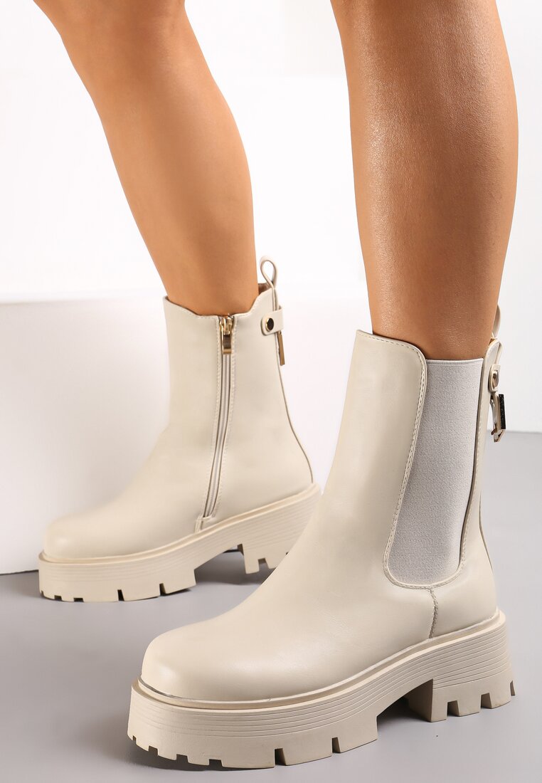 Bej Botine Ghete Chunky cu Curea și Elemente Metalice Maduvrsha