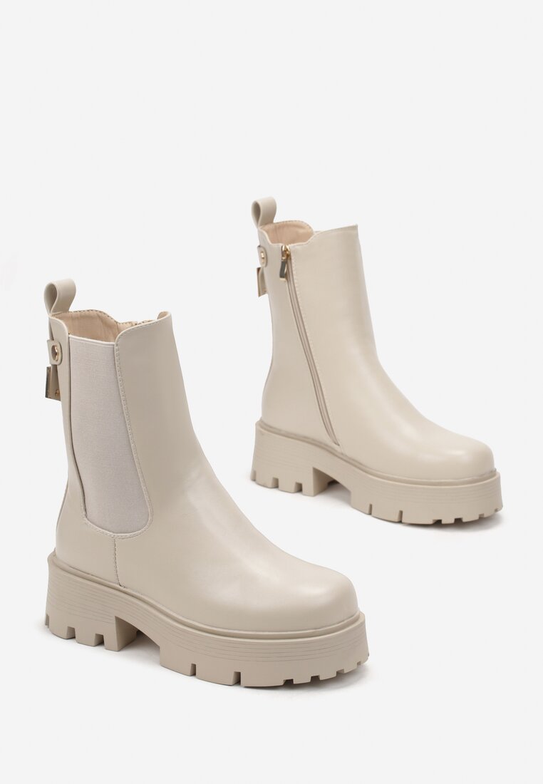 Bej Botine Ghete Chunky cu Curea și Elemente Metalice Maduvrsha