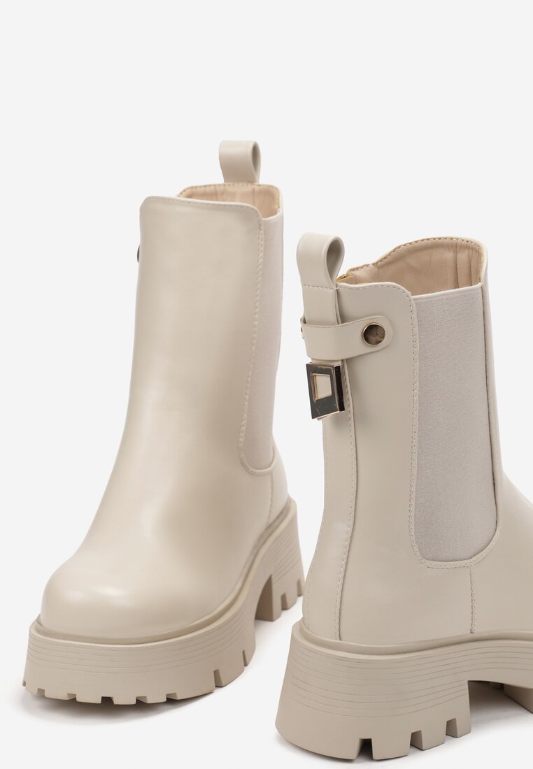 Bej Botine Ghete Chunky cu Curea și Elemente Metalice Maduvrsha
