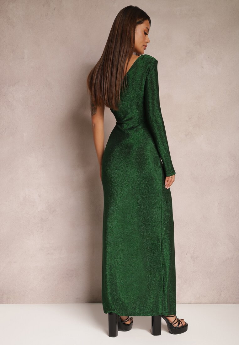 Zielona Asymetryczna Sukienka z Metalicznym Wykończeniem Rozcięciem i Drapowaniem Abevinna