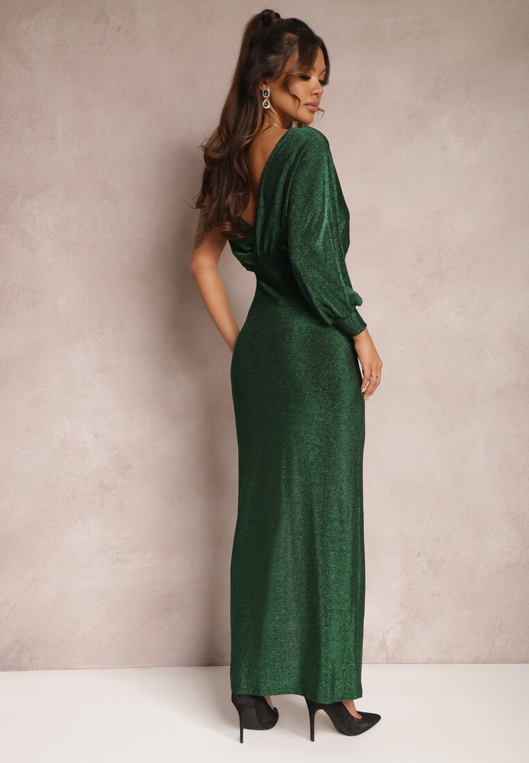 Zielona Połyskująca Sukienka Maxi o Asymetrycznym Fasonie z Trójkątnym Dekoltem i Rozcięciem Imisnna
