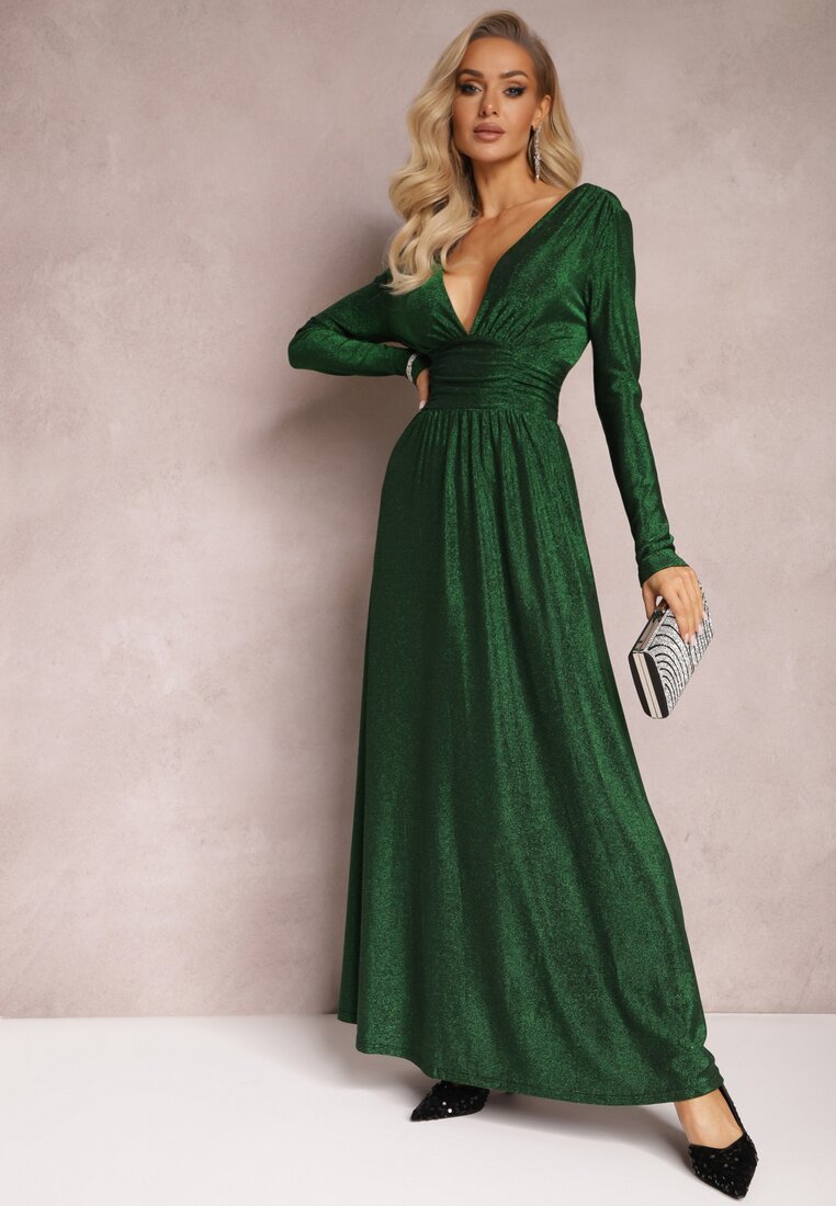 Rochie Verde Clos Maxi cu Paiete cu Drapat in Talie Kizzetta