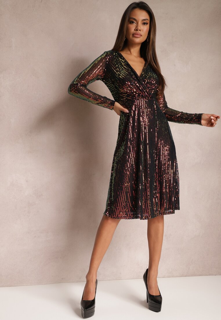 Rochie midi multicolor evazată cu paiete și decolteu încrucișat Junicca