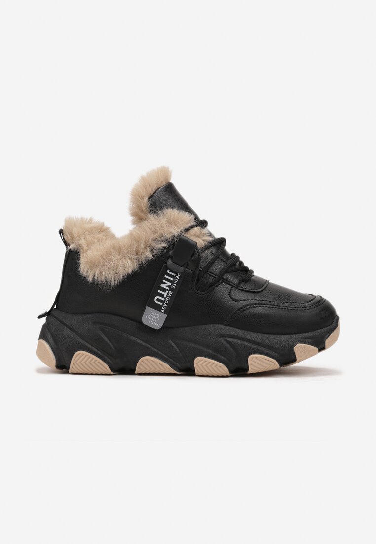 Czarne Sneakersy Przed Kostkę na Płaskiej Grubej Podeszwie z Ociepleniem ze Sztucznego Futerka Borrolla
