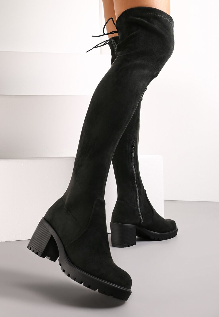 Czarne Kozaki Muszkieterki na Słupku z Rzemykowym Wiązaniem Renuka