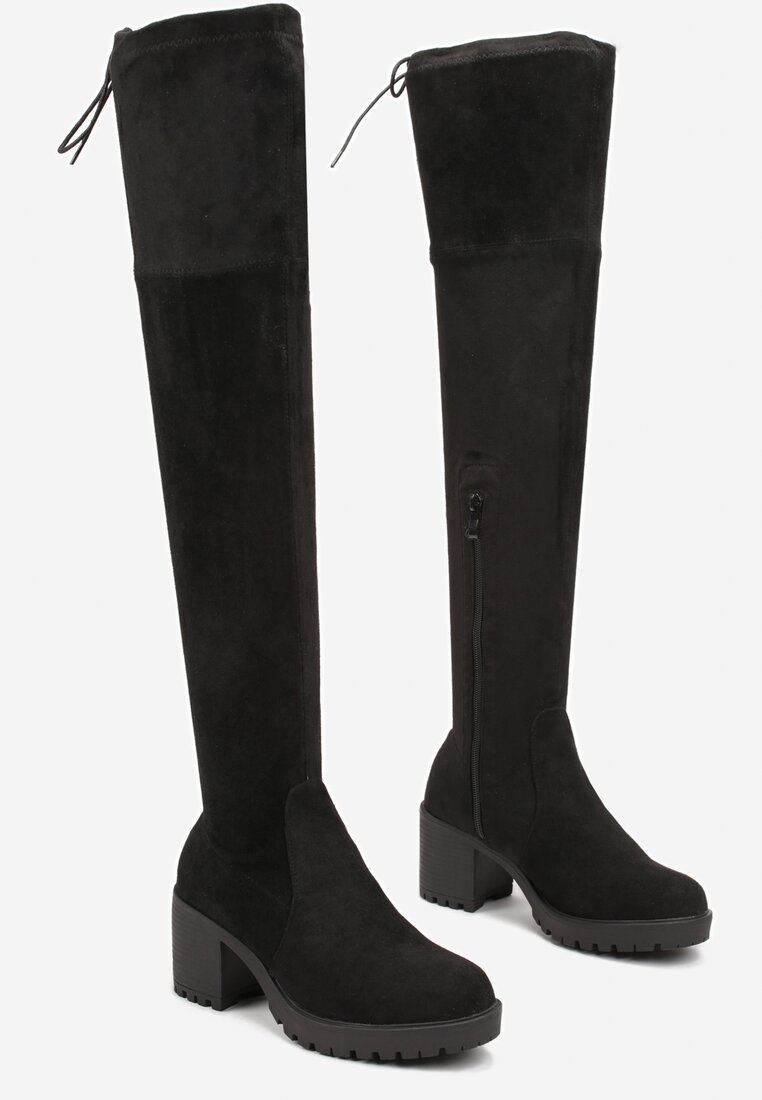 Czarne Kozaki Muszkieterki na Słupku z Rzemykowym Wiązaniem Renuka