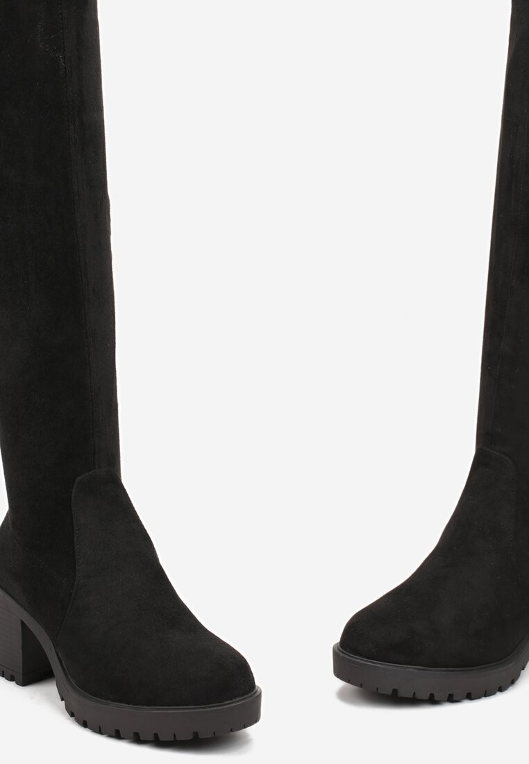 Czarne Kozaki Muszkieterki na Słupku z Rzemykowym Wiązaniem Renuka