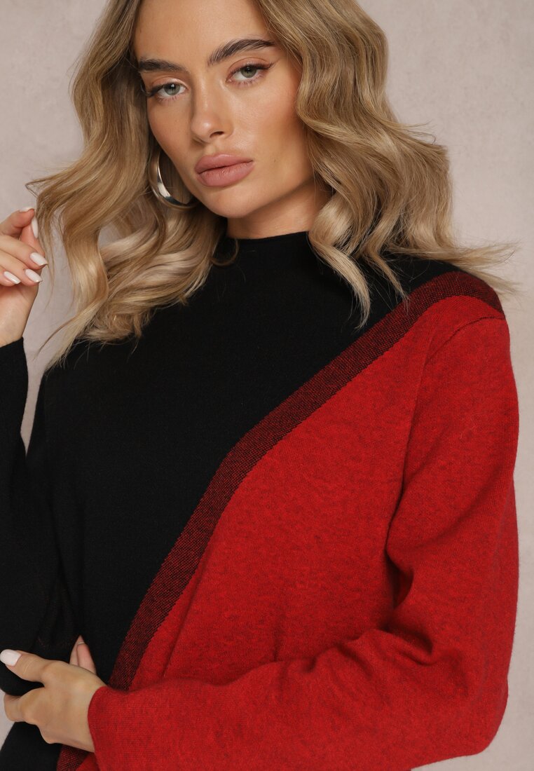 Rochie Trapez Neagră și Roșie din Tricot cu Guler Înalt