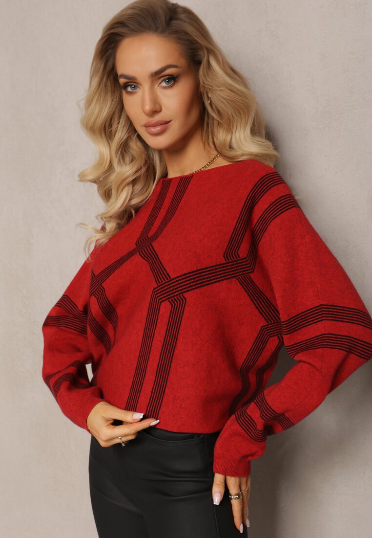 Czerwony Sweter z Okrągłym Dekoltem i Wzorem w Paski Busso