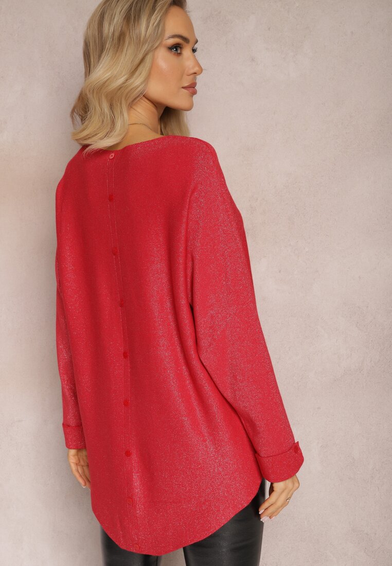 Czerwony Sweter Oversize z Połyskującą Nitką Hukka
