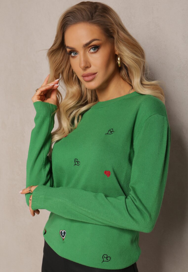 Zielony Sweter z Kaszmirem i Haftem w Serca Buvia
