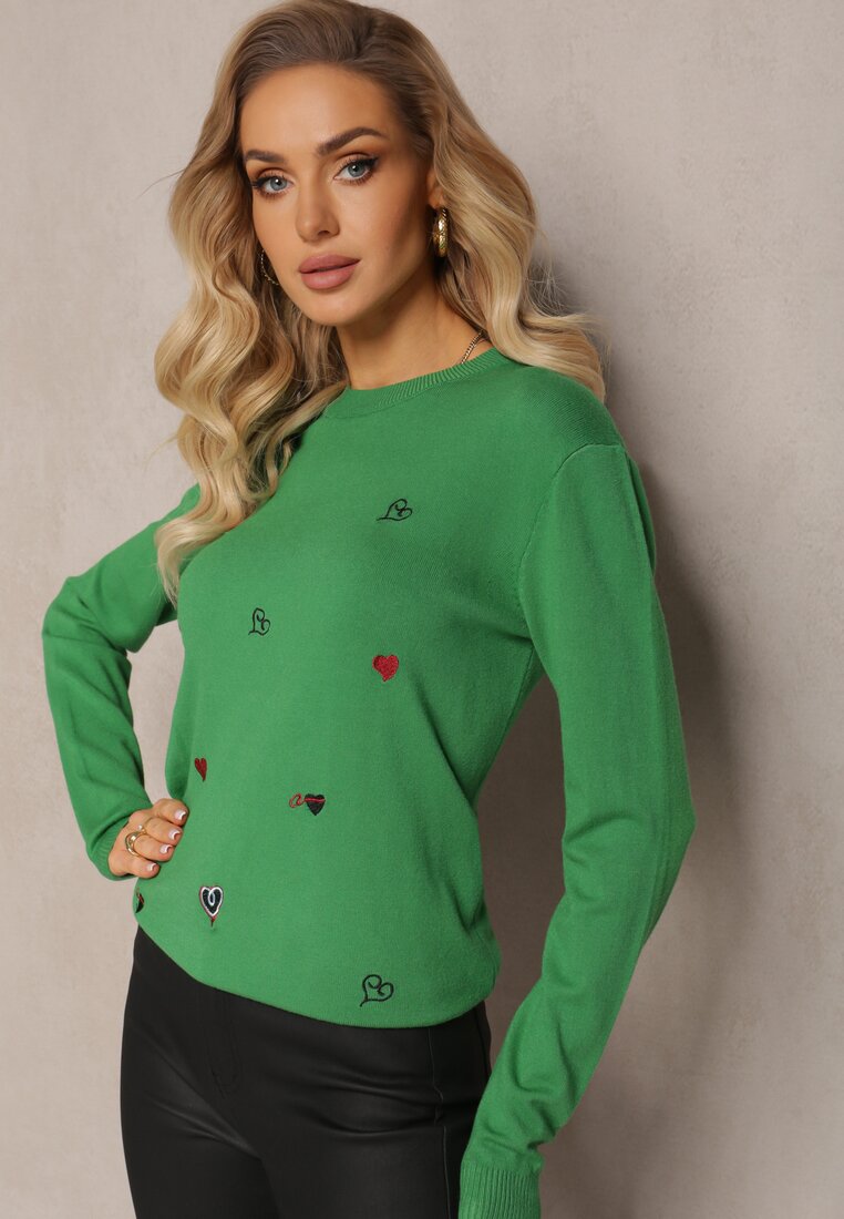 Zielony Sweter z Kaszmirem i Haftem w Serca Buvia