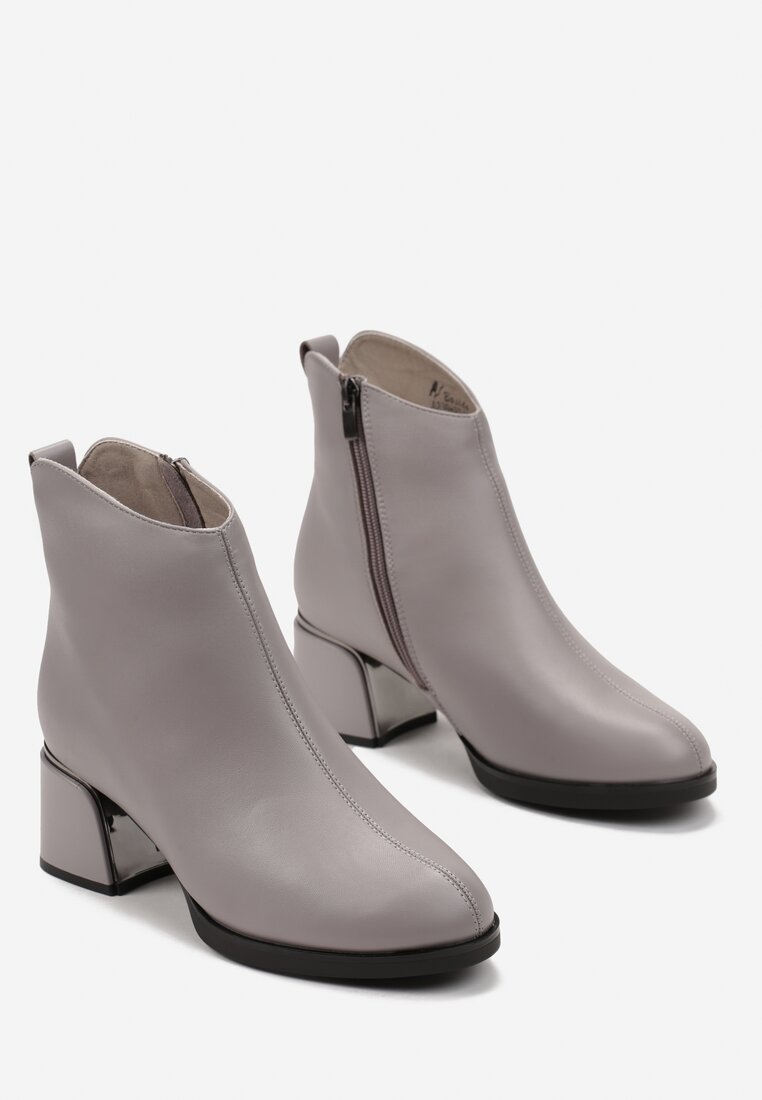 Botine gri închis cu toc gros și inserție metalică Heddisia