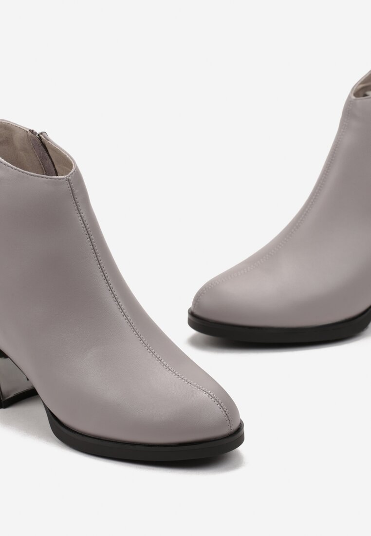 Botine gri închis cu toc gros și inserție metalică Heddisia