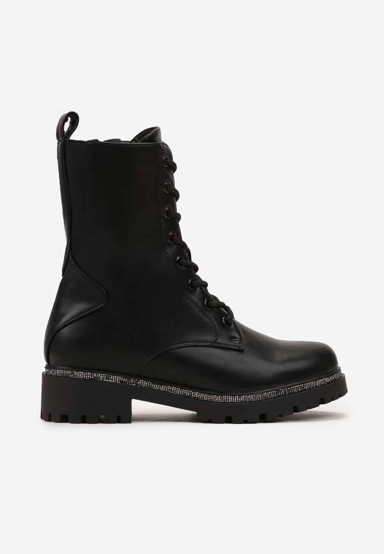 Botine negre workeri cu șireturi și curea decorativă cu zirconii pe talpă plată Mikiea