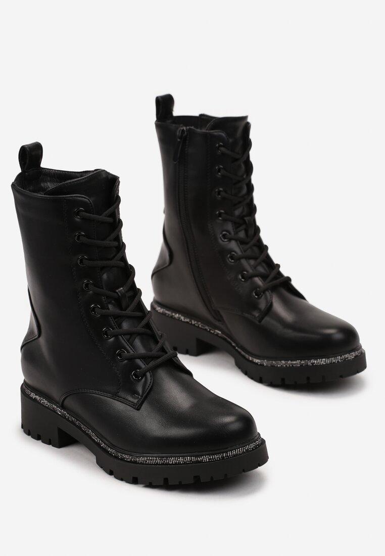 Botine negre workeri cu șireturi și curea decorativă cu zirconii pe talpă plată Mikiea